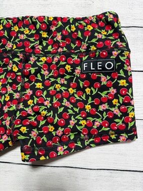 Fleo Black Athletic Shorts with Red Cherry & Yellow Floral Print